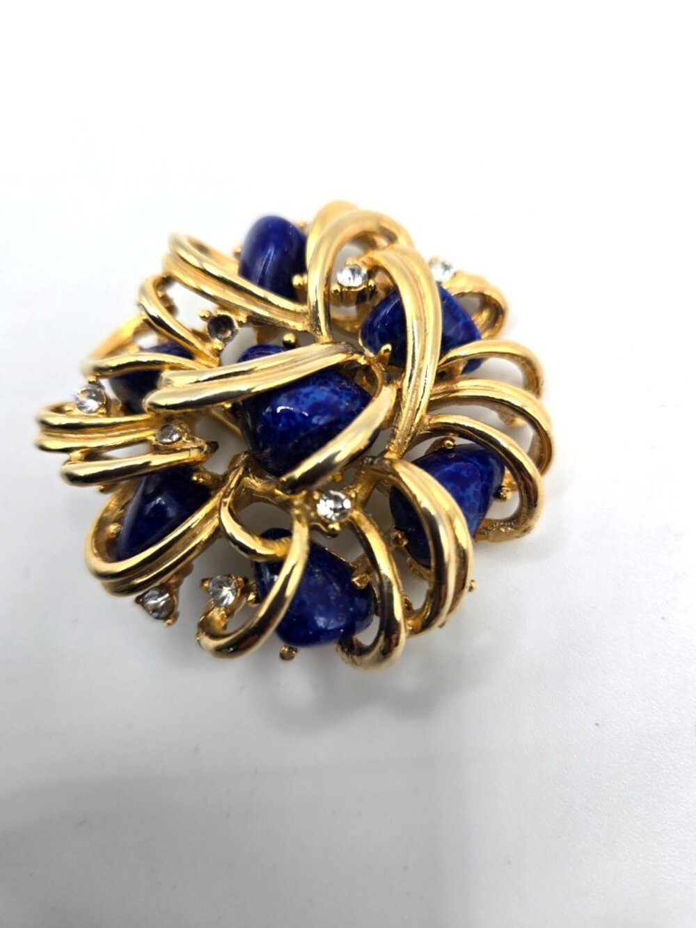 Signed Boucher Blue Cabochon Brooch Gold Tone Rhinestone Designer Brooch